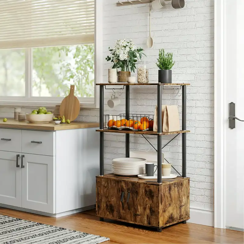 

3-Tier Bakers Rack with Wood Cabinet, Rustic Brown