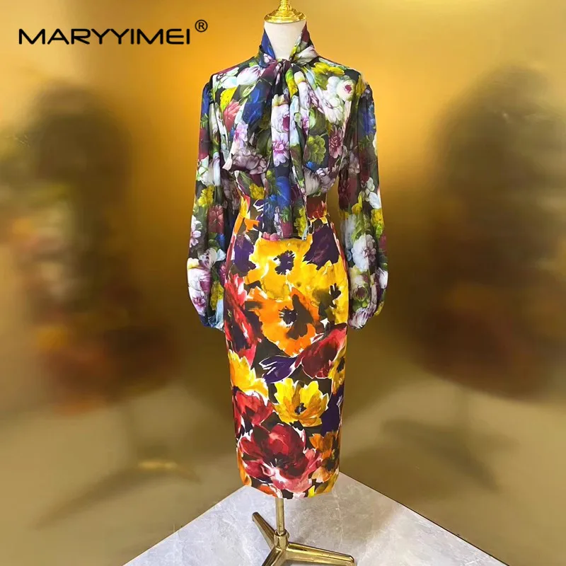 

MARYYIMEI Fashion Runway Designer Women's 2024 Spring New Scarf Collar Printed Silk Shir+Split Silk Hip Wrap Skirt 2-Piece Set