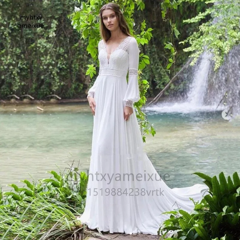 

Chiffon V-neck Sexy Plus Size Wedding Dresses 2023 Lantern Long Sleeve Backless Sweep Train Boho White Lace Bridal Gown Women