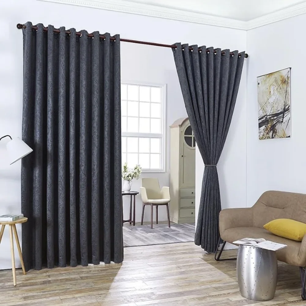 

2 of 108" (Width) X 108" (Length) Charcoal Embossed Room Divider Curtains. Total Width is 216 Inches (18 feet). Length 9 Feet.