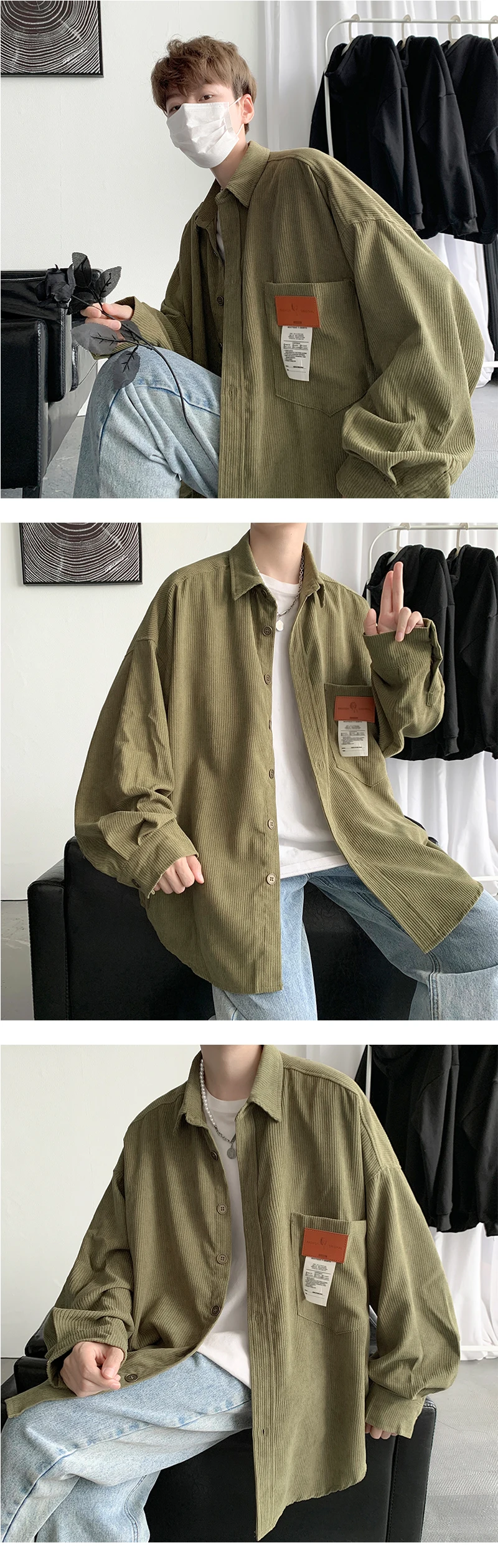 2026 Neue Herren-Cordhemden Lässige Mode Einfarbig Herbst Locker Sitzende Streetwear-Hemden für Männer Japanischer Vintage-Stil Bluse – Detail 10