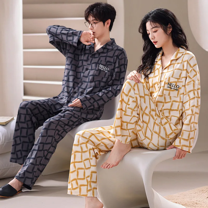 Korean Couple Pajamas Set 95% Cotton Homewear Fresh Style Long Sleeve Sleepwear New Autumn Pj Set For Lover Pijamas Mujer Suit