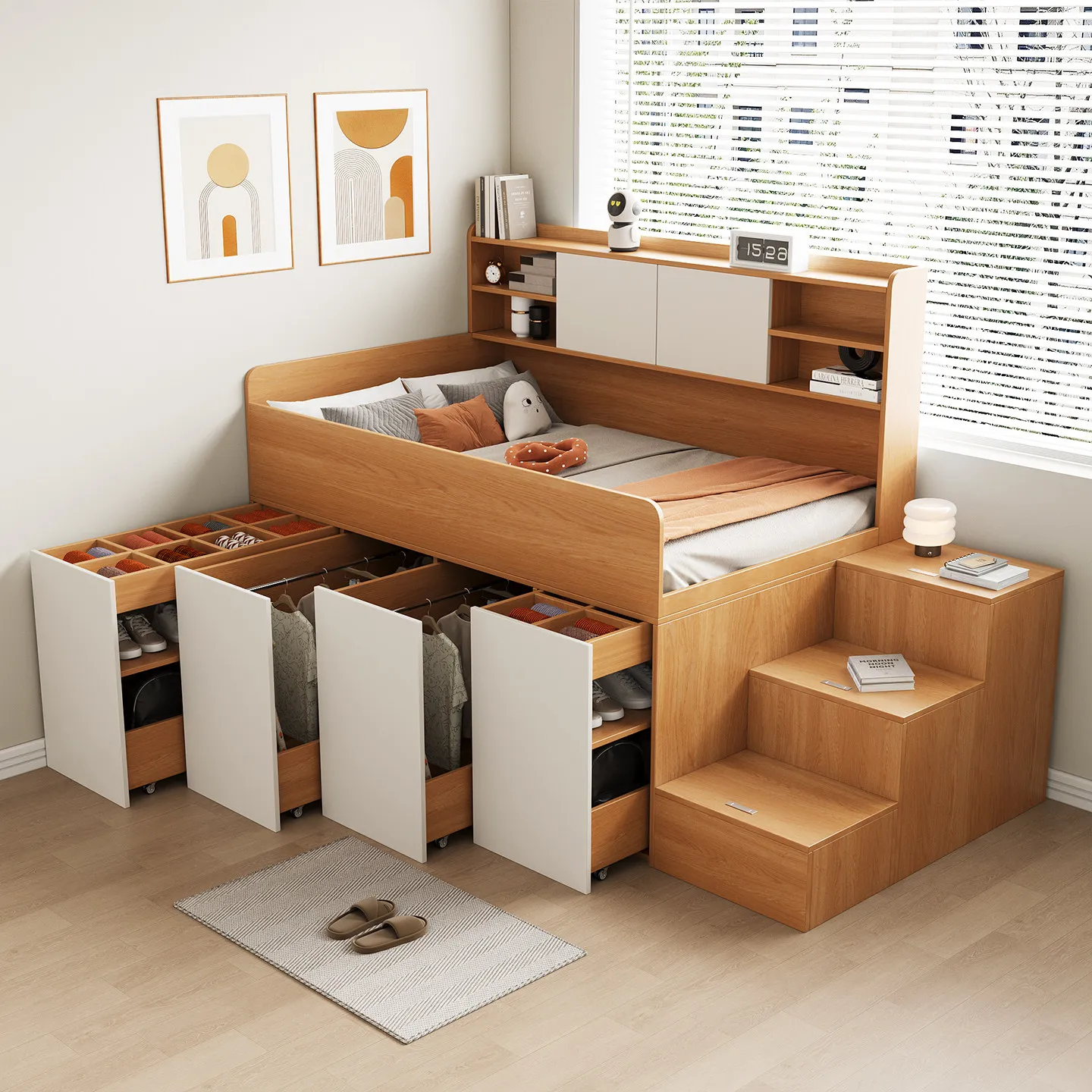 Armoire tatami pour enfants, intégrée à la chambre, multifonctionnelle, avec étagère, échelle, lit, armoire et lit mezzanine escamotable pour petit appartement 1