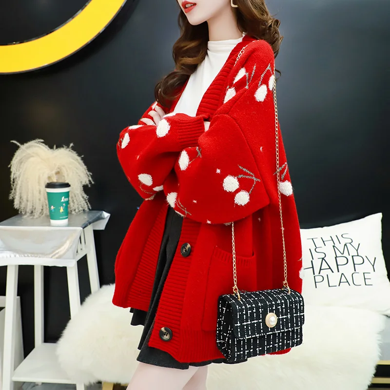 

Autumn Fashion Cherries Embroidery Mid-length Cardigans Women V-Neck Bat sleeve Pocket Knitting Sweater Coat Loose Ladies Tops