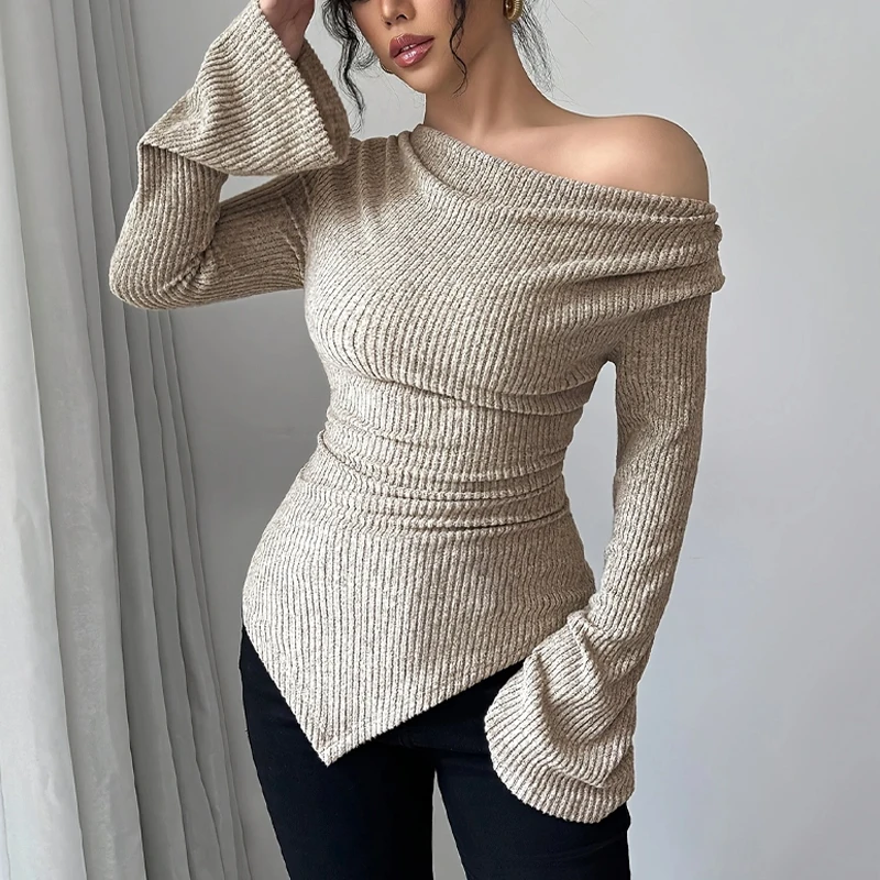 2025 Women Autumn Winter Long Sleeve Y2K Crop Top Trendy Off Shoulder Asymmetrical Fitted Knit V Neck Tee Shirts Tops Streetwear - Image 2