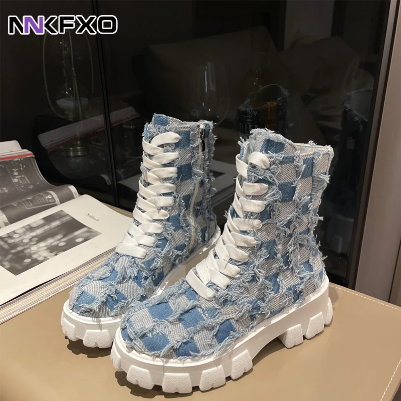 

Women's Autumn Winter Fashion Round Toe Square Heel Denim Cloth Lace Up Mid-Calf Boots Side Zipper British Style Boots QB129