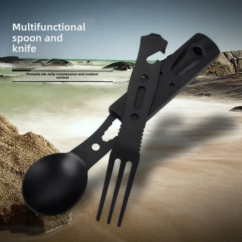 Outdoor Multi-Function Stainless Steel Camping Cutlery Mountaineering Emergency Knife Fork Spoon and Whistle Survival Kit 4