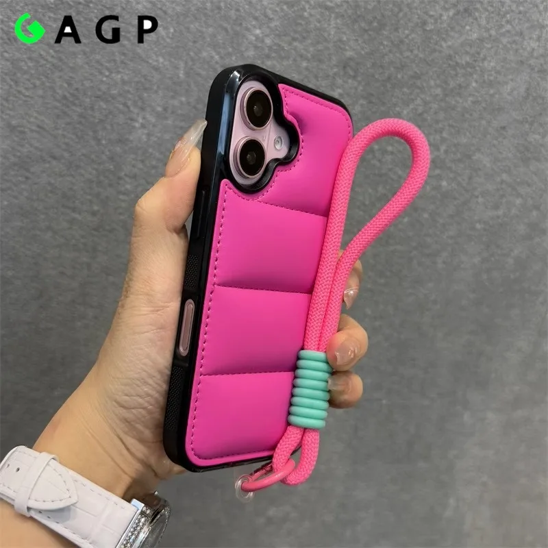Luxurious Wrist Strap Down Jacket Phone Case with Lanyard Cover