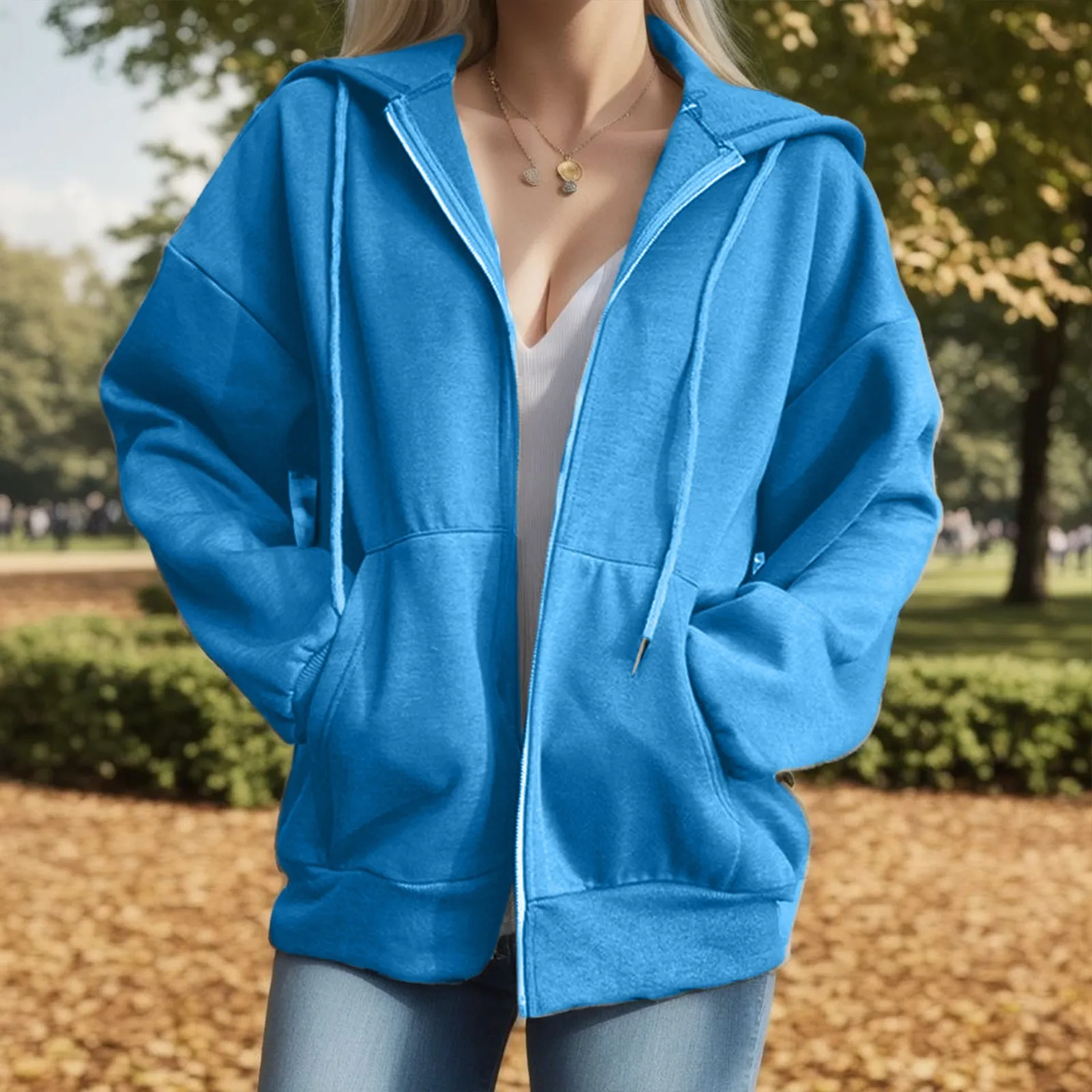 

Overszie Women's Solid Hoodies Korean Long Sleeve Sweatshirts Blue Zipper Jacket Y2k Zip Up Sweater Coat 90s SuéTer Solid Hoody
