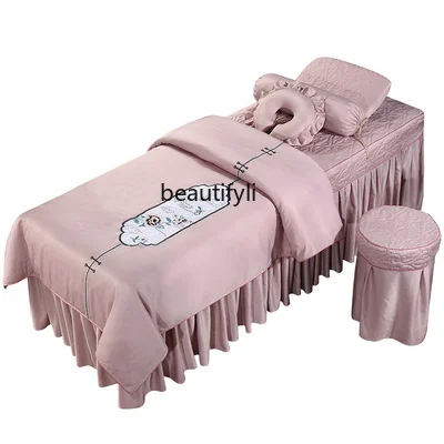 

Beauty Fitted Sheet Four-Piece Set High-End Luxury Solid Color Simple Massage Bedspread