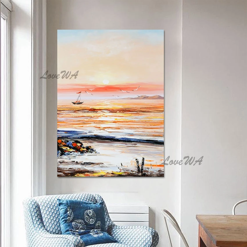 

Sunset Canvas Oil Painting Frameless 100% Hand-painted Seascapes With Boats Abstract Wall Art 3d Beautiful Picture Scenery