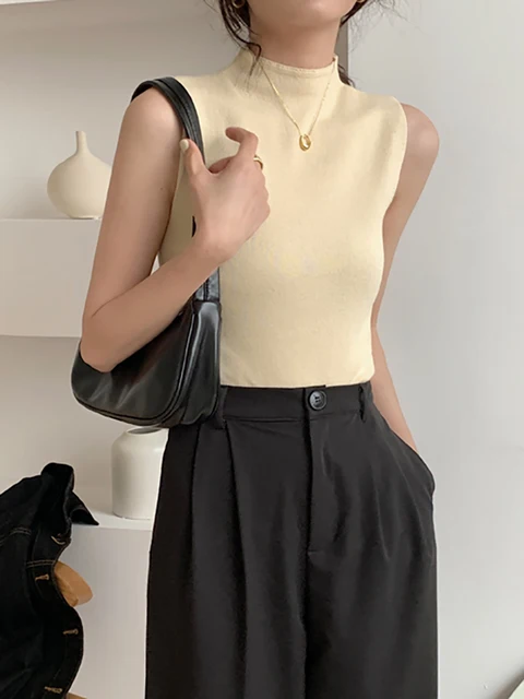 Sexy Knitted Top Summer Turtleneck Tank top Women camisole Blouse Sleeveless Slim Top Female sleveless t-shirt Vest Casual Camis Beige
