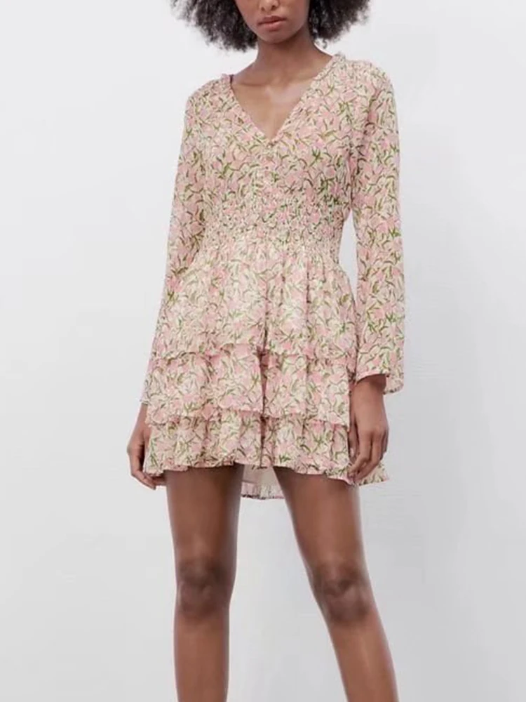 Dress 2022 New Fashion Small Floral V-neck Elastic Waist Slim Women Chic Elegant Youth Comfortable |