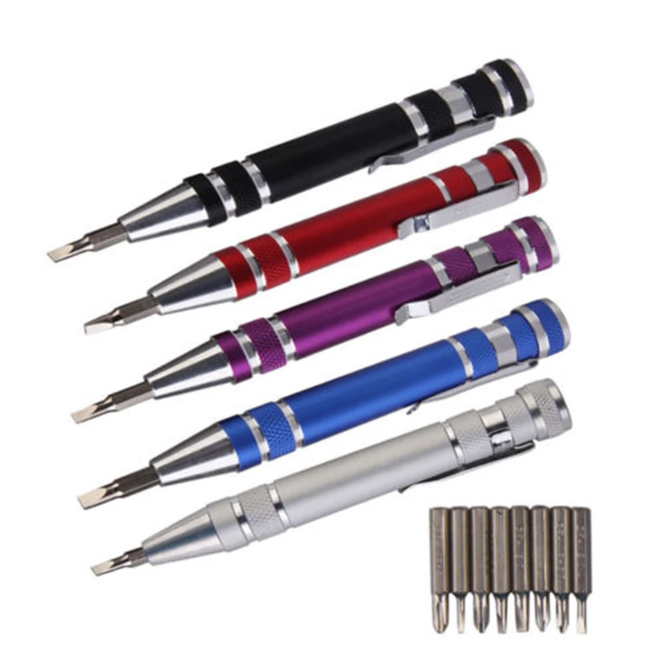 Hot Portable 8 in 1 Aluminum Pen Style Screw Driver Multi-Tool Precision Mobile phone Repair Tool Kit Screwdriver Set Bits