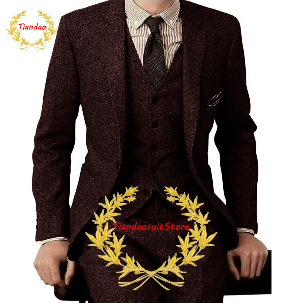 Men's 3 Piece Wool Suit Herringbone Jacket Pants Vest Slim Fit Business Outfit