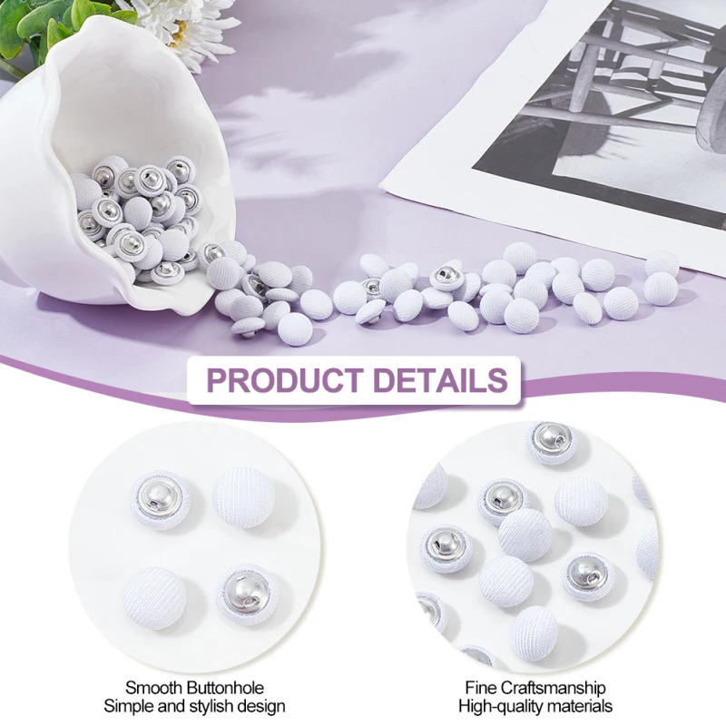 100 Pcs Fabric Covered Button, 10mm White Fabric Metal Shank Buttons 1-Hole Fabric Cloth Covered Round Buttons Crafting Sewing 6