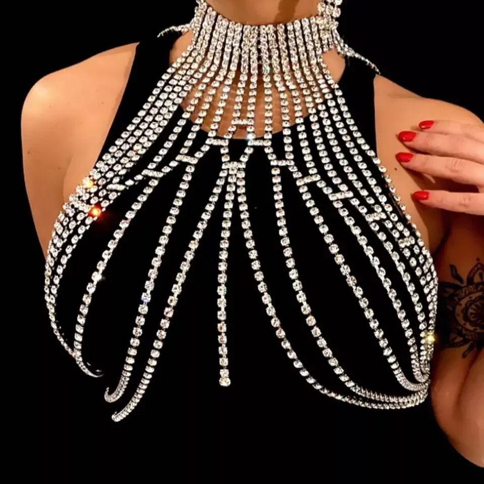 

Fashion Luxury Shiny Multi row Crystal Chest Chain Body Chain Underwear Bra Chain Necklace Body Jewelry Women's Rhinestone Strap