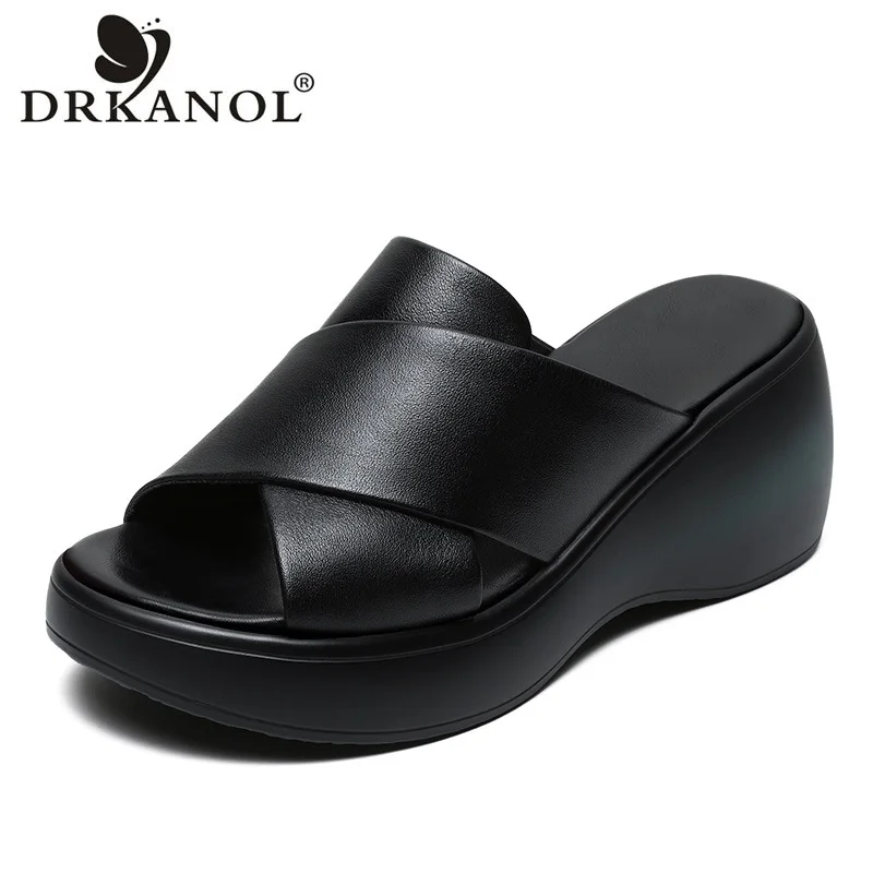 

DRKANOL Women Height Increasing 7cm Wedges Heel Slippers Summer Fish Mouth Chunky Platform Casual Slippers Outside Slides Shoes