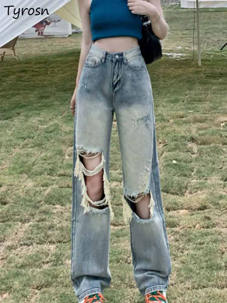 

Jeans Women Chic Elegant High Street Vintage Casual Straight Tender Simple Hole All-match Ladies Denim Summer Korean Style Loose