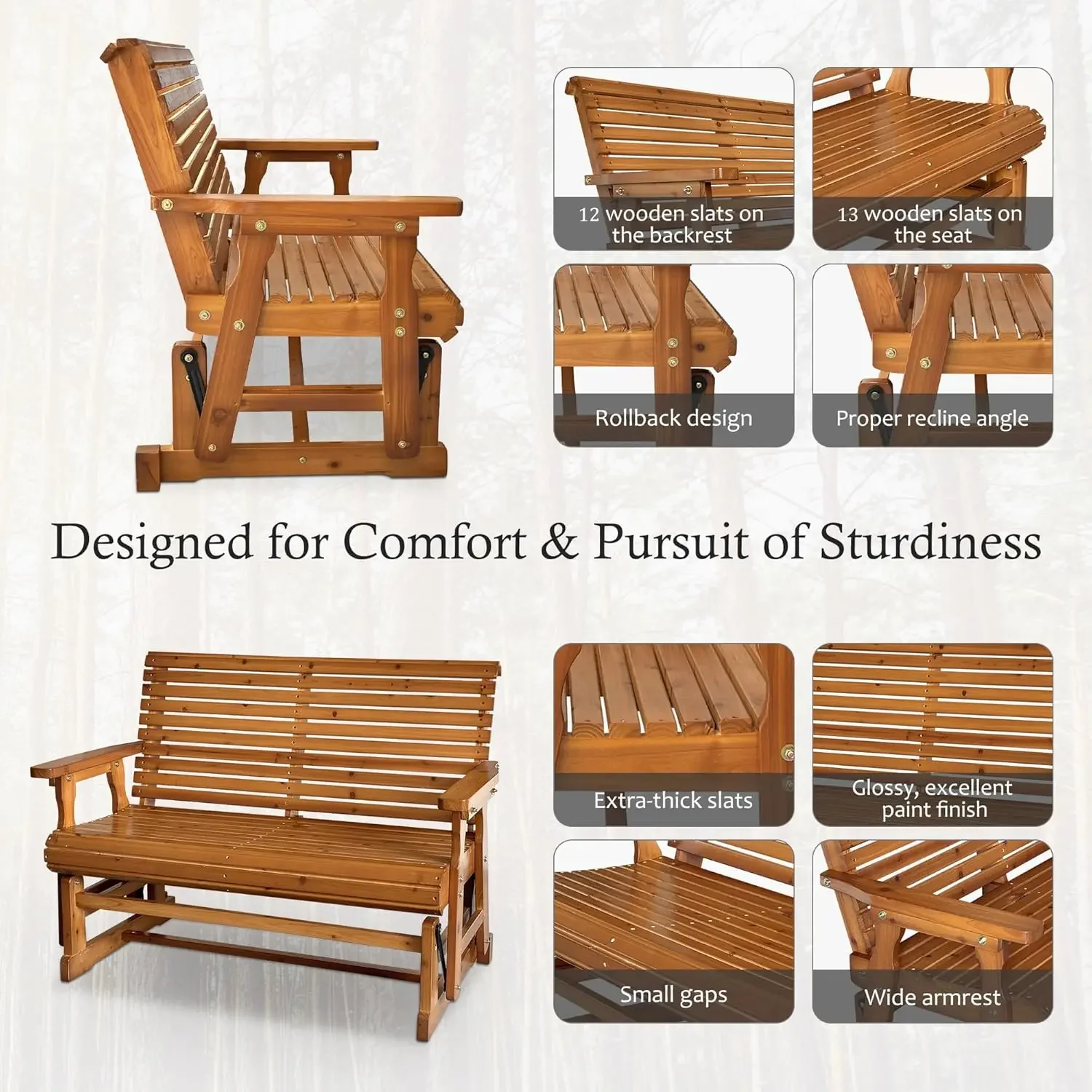 NEW-Fortune Candy Wooden Patio Glider with High Roll Back and Deep Contoured Seat, Solid Fir Wood, 2-Seater, Heavy Duty 800 LBS