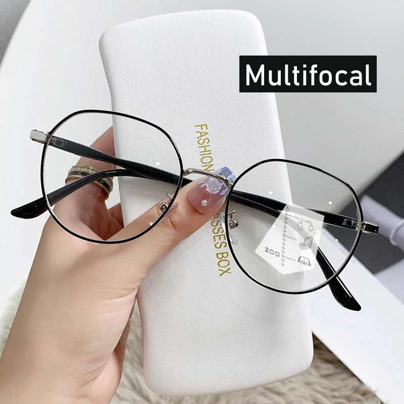 

Round Women Men's Multifocal Glasses Luxury Blue Light Blocking Near Far Sight Eyeglasses with Diopter +1.0 TO +4.0 Prebyopia