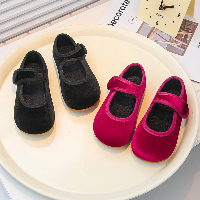 Wine Red Leather Girls Flat Shoes for Kids