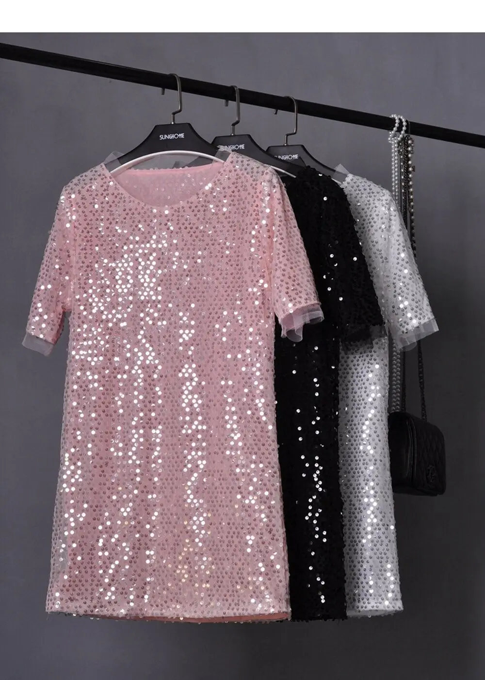 

2022 Summer New Simple Temperament High-End Loose Sequined T-Shirt Skirt Sequins BINGBING Shiny Large Size Casual Dress Women