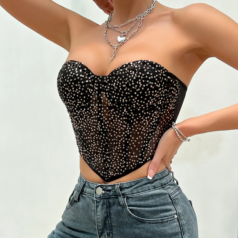 

Sexy backless women's top Terrain patchwork beads irregular fish bone off-shoulder top Summer bar Party Club