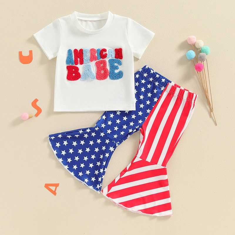 

Toddler Baby Girl 4th of July Outfits Short Sleeve T-Shirt + Stars and Stripes Print Flare Pants Clothes Set