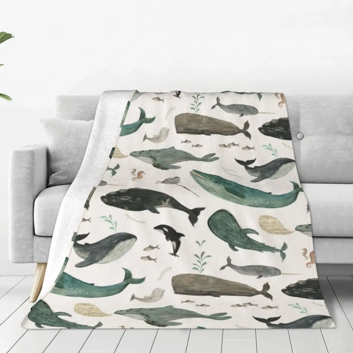 

Whale Song Blankets Orcas and Narwhals Aquarelle Biology Flannel Funny Warm Throw Blankets for Bed Sofa Summer