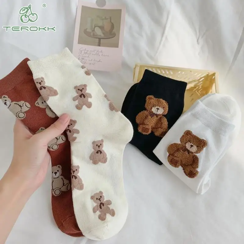 

Женские милые коричневые дизайнерские носки с рисунками из мультфильмов, японские милые маленькие яркие студенческие носки, осенние и зимние носки, Новинка