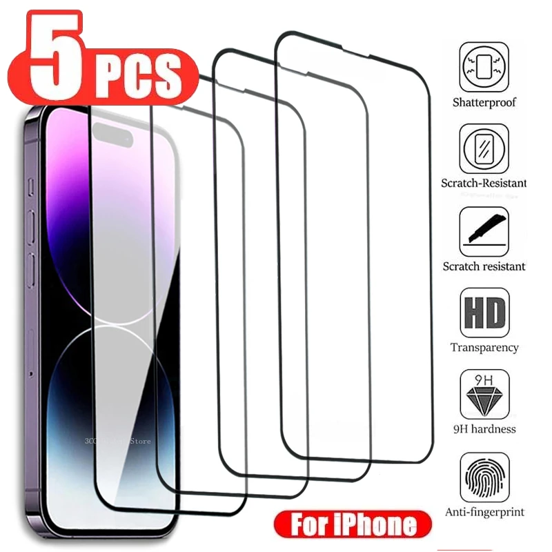 

Защитное стекло, закаленное стекло с полным покрытием для IPhone 14 11 Pro Max 12 13 Mini 7 8Plus 15 Pro Max XS MAX XR, 5 шт.