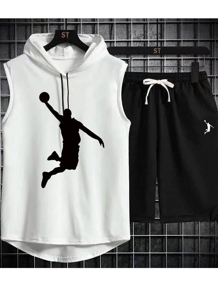 New Summer Mens Muscle Hoodie Vest Sleeveless Bodybuilding Gym Workout Fitness Shirt High Quality Vest Hip Hop Sweatshirt suit sports suit sports vest sports set