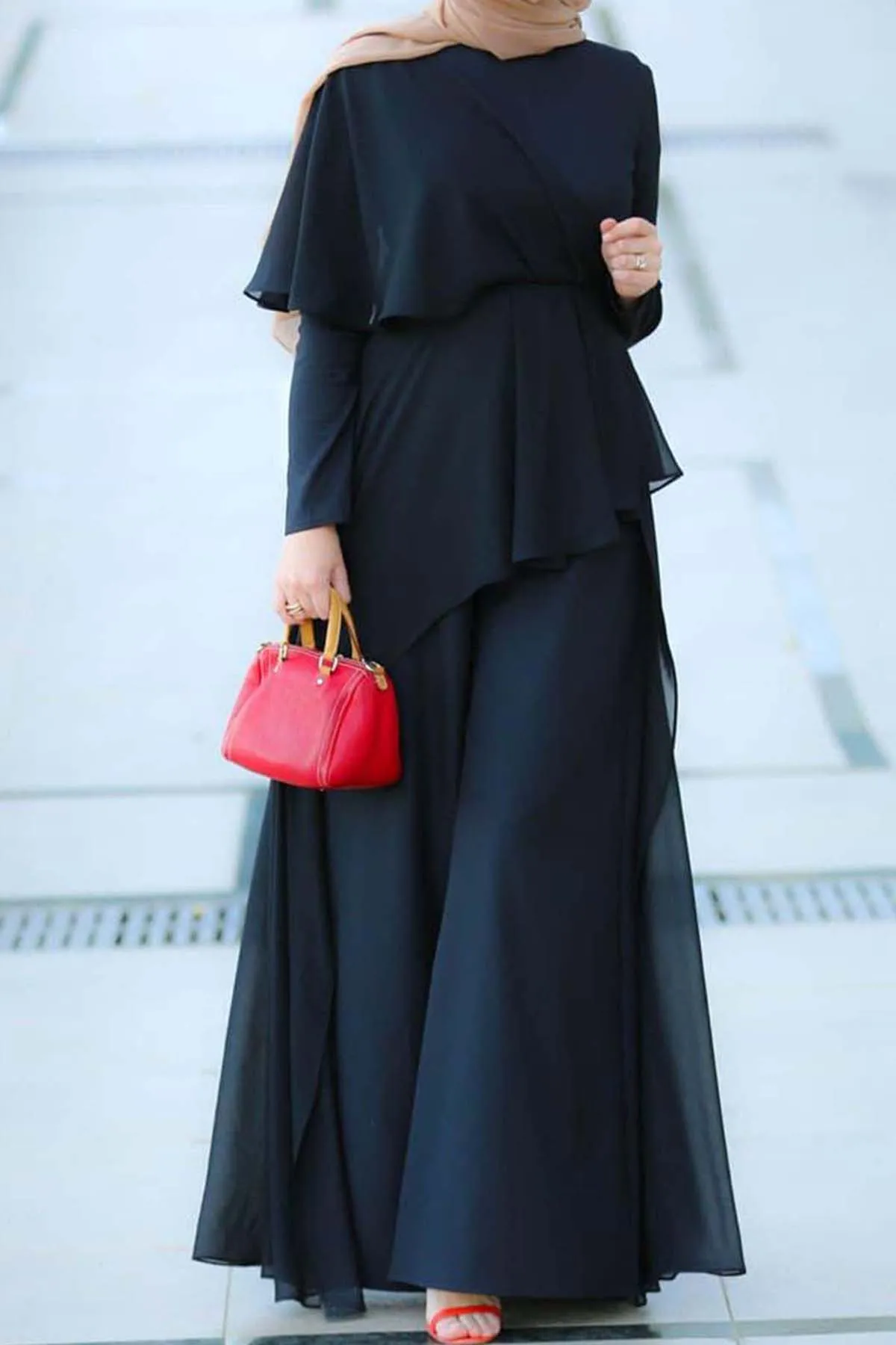 Ensemble musulman 2 pièces pour femmes, chemisier irrégulier en mousseline de soie à col rond avec pantalon à jambes larges, ensemble 2 pièces 1