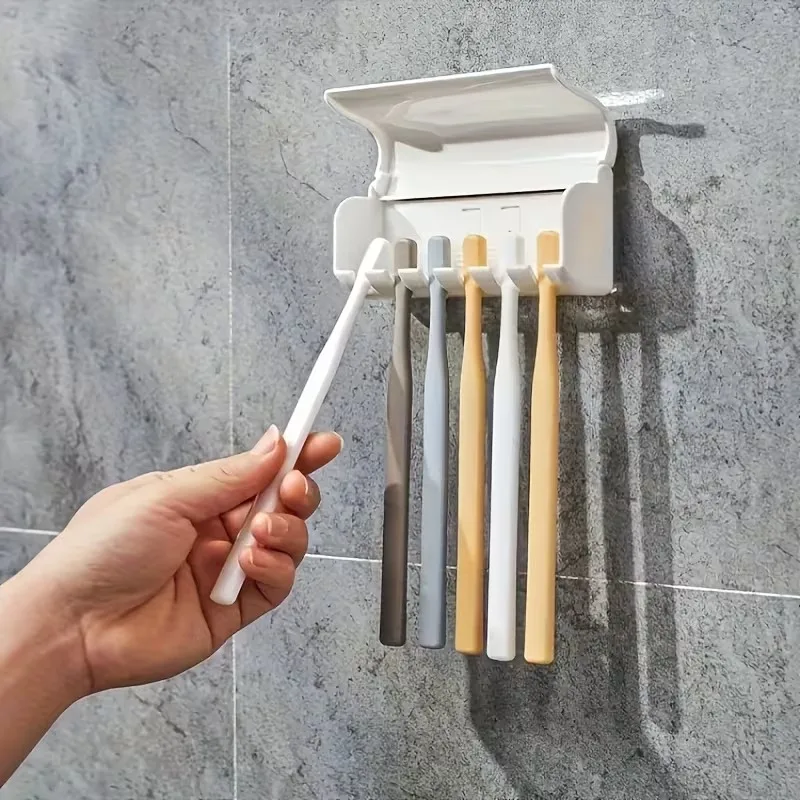 Compact Wall-Mounted Toothbrush Organizer with Cover and Self-Adhesive Backing