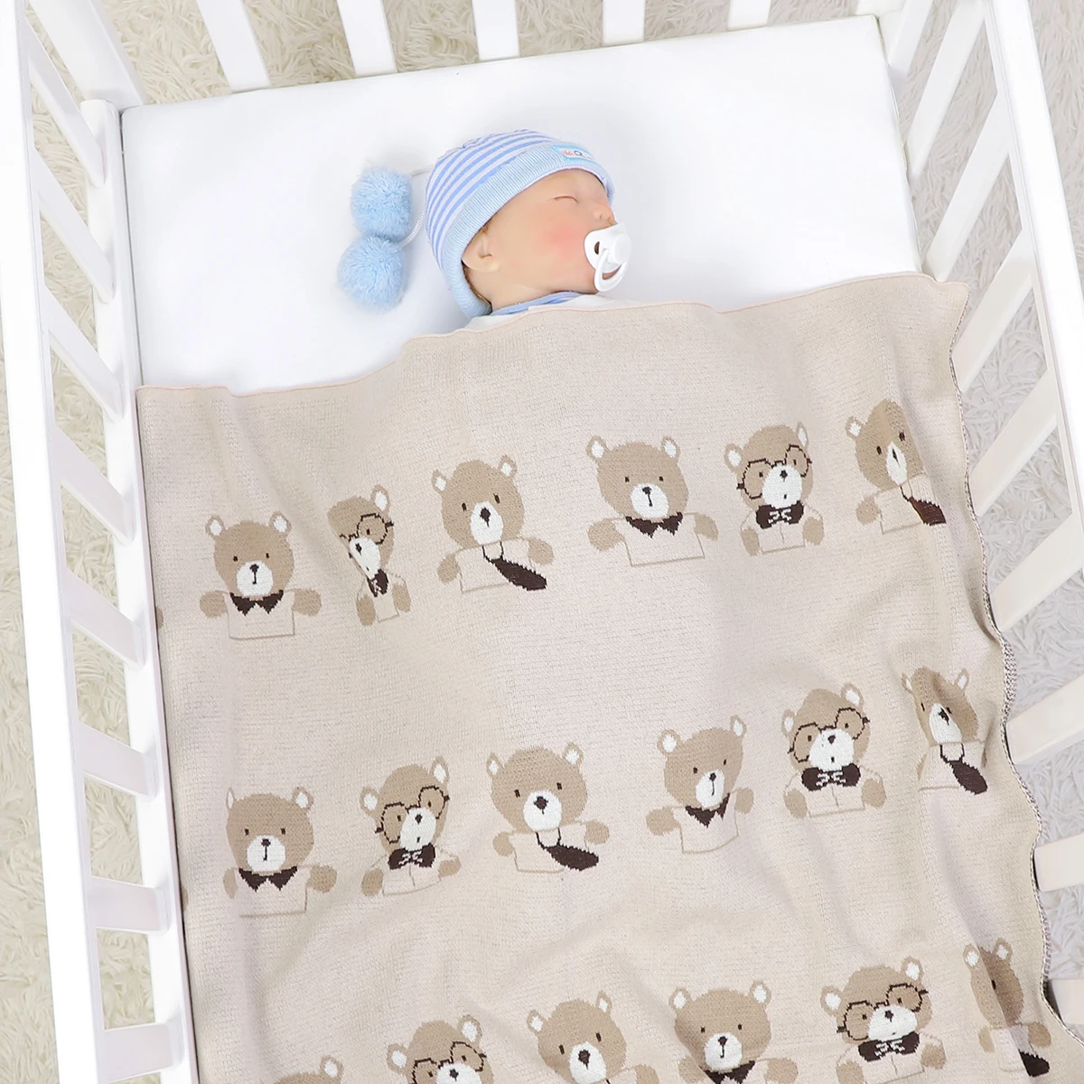 Cute Bear Knitted Baby Blankets Soft Cotton Newborn Shower Gifts Infant Swaddle Wrap Toddler Sleeping Quilts Blanket