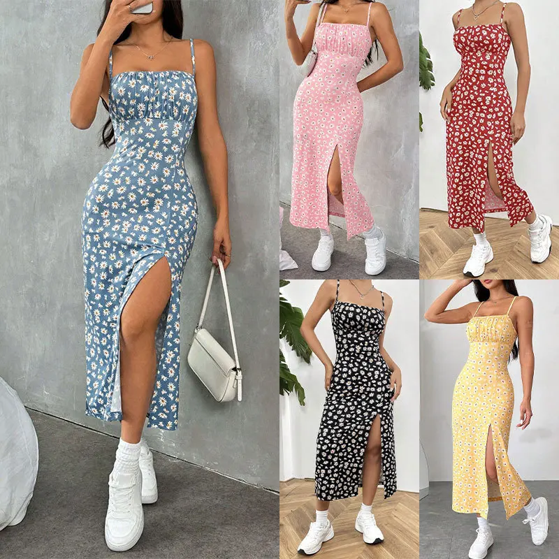 Damen Freizeitkleider mit Gänseblümchen-Blumendruck, Spaghettiträgern, Midi-Länge, eckigem Ausschnitt, figurbetontem Schnitt, Schlitz, Sommerkleid, Strandparty-Sonnenkleid