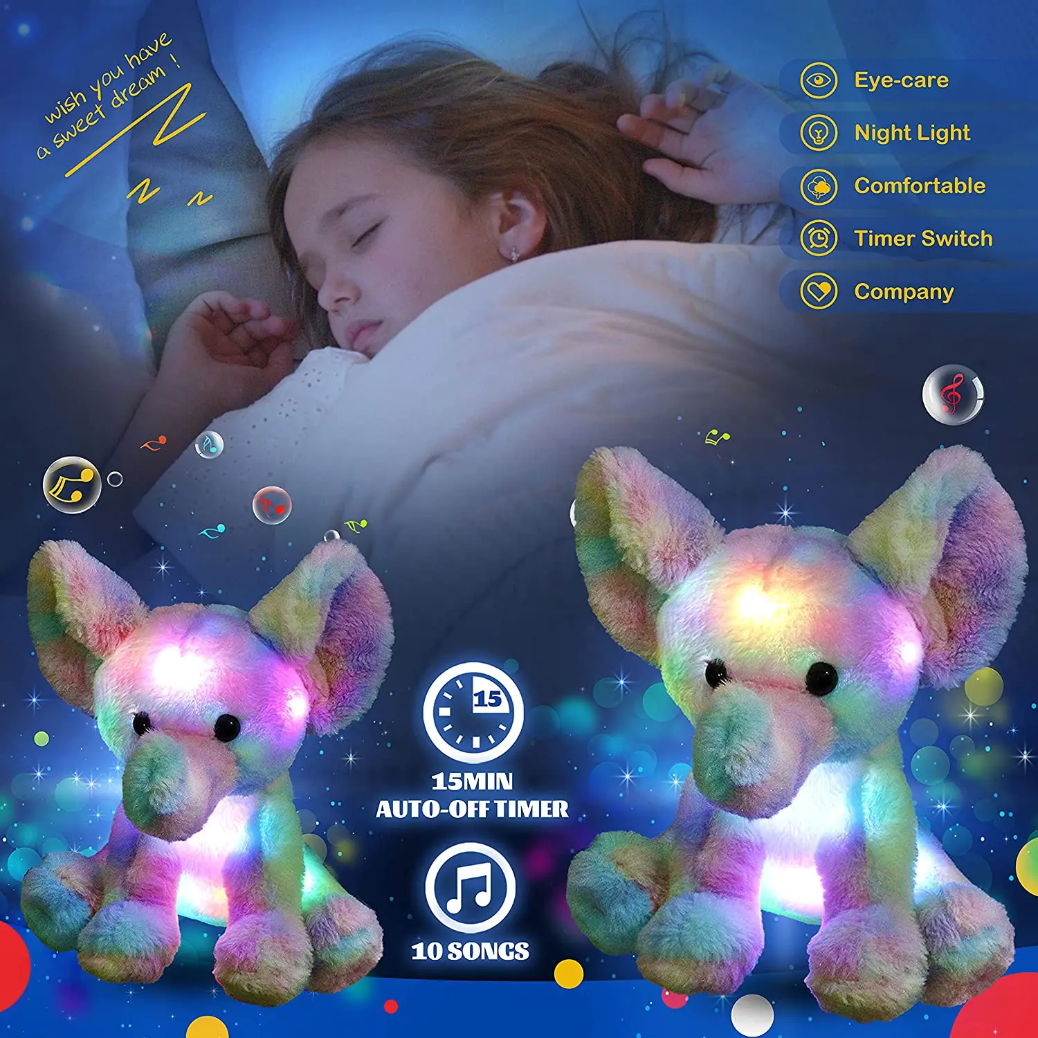 Kawaii Luminous Stuffed Animal Rainbow Elephant Glow Plush Toys with LED Night Music Lights Lullabies Gifts for Kids 20-60cm plush toy