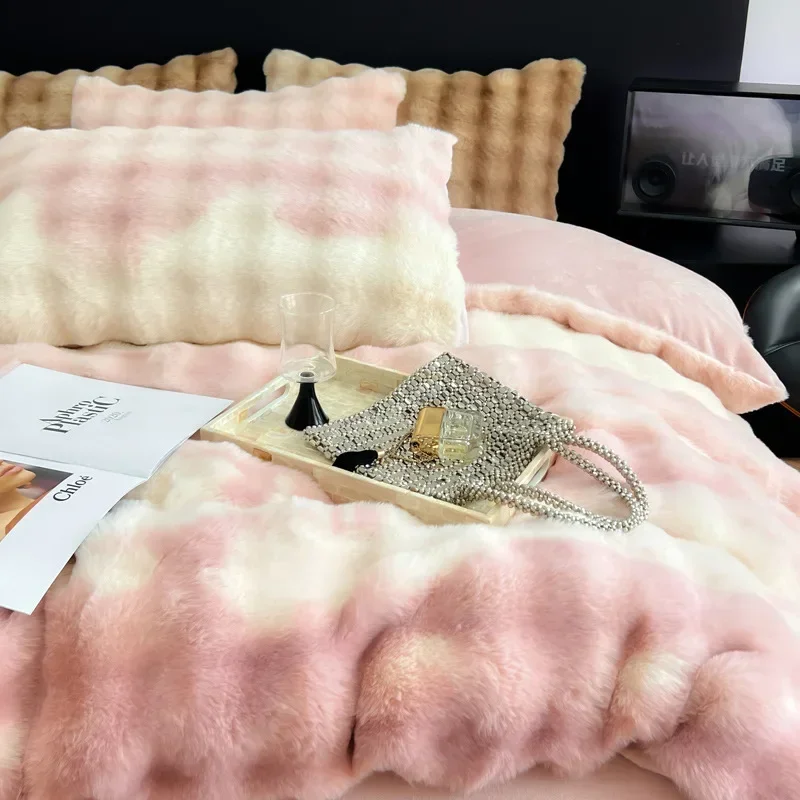 

Winter thick milk velvet four-piece luxury sheets rabbit velvet warm blanket gift. bed cover set parure de lit 2 personnes