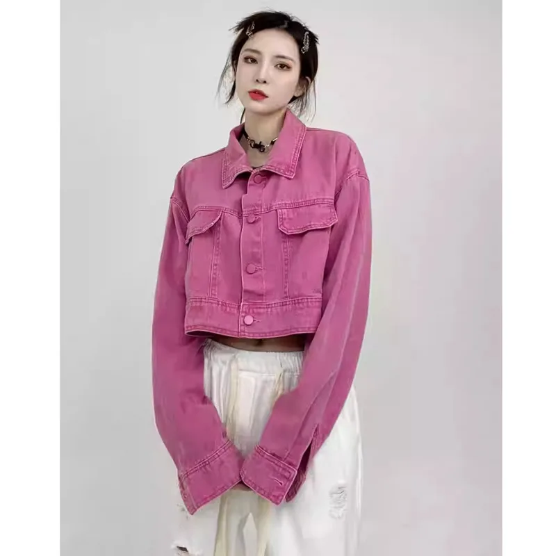 

Denim Jacket Women Y2k Pink Spicy Girl Korea Streetwear Fashion American Vintage Short Jean Coat Exposed Navel Cool Outwear