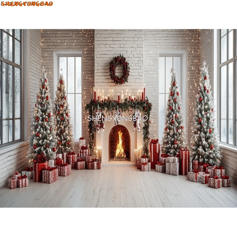 Weihnachts-Fotohintergrund Rosa, 2,1 X 1,5 M – Mit Kamin, Geschenken & Schnee Für Studio Oder Party