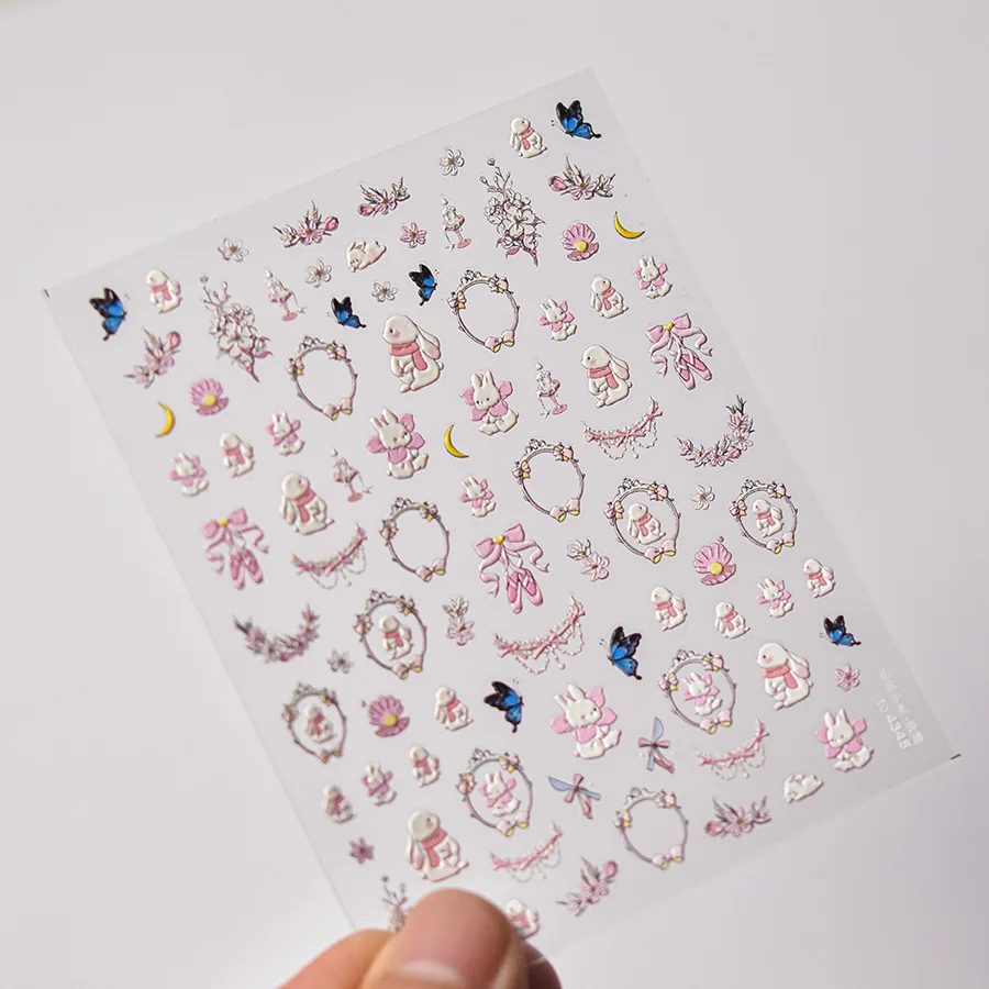 1 Sheet Nail Stickers High Quality Cute Flower Rabbit Cat Bowknot Design Adhesive Stickers wedding Nail Art Decoration T-4345 6