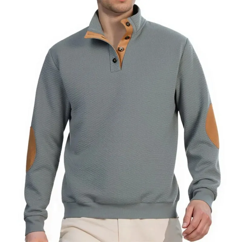 Autumn Men's Jacquard Sweatshirt Long Sleeve Patchwork Stand Casual Male Pullovers Fashion Streetwear Button HeavyWeight Outwear