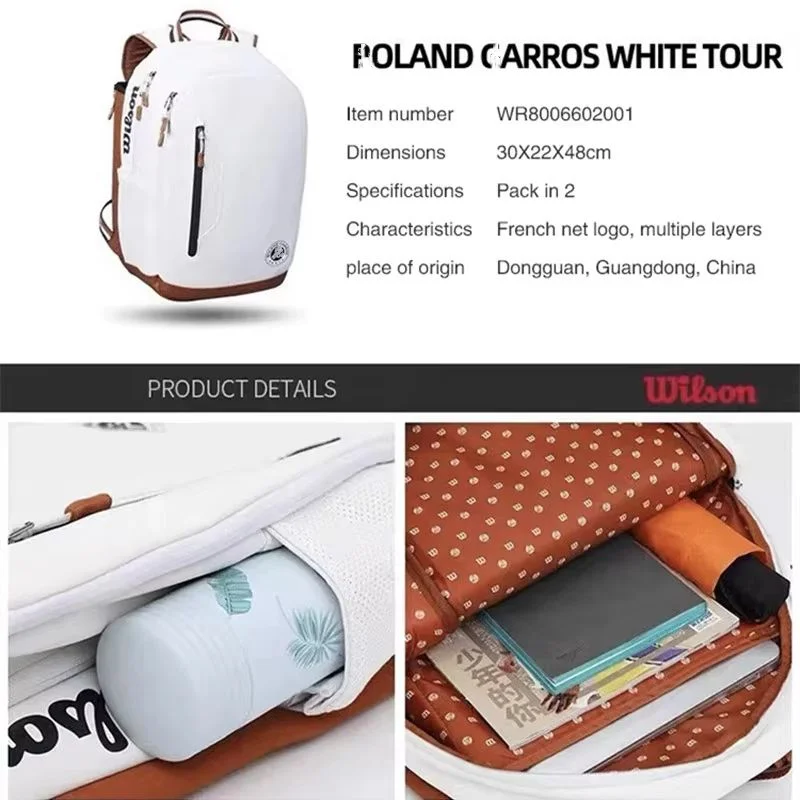 Wilson Tennis Bag Holds 2 Tennis Rackets Backpack French Open Shoulder Bag Court Racket Bag Men Women Padel Sports Backpack 5