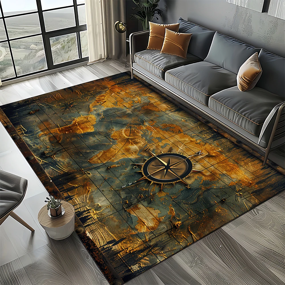 Nautical Map Rug – Retro Marine Compass Carpet | Non Slip Floor Mat for Living Room