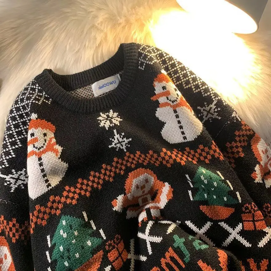 

Christmas Red Retro Cartoon Jacquard Y2K Oversized Sweater Couples Thicken Winter Kawaii Clothes Harajuku Loose Casual Pullover