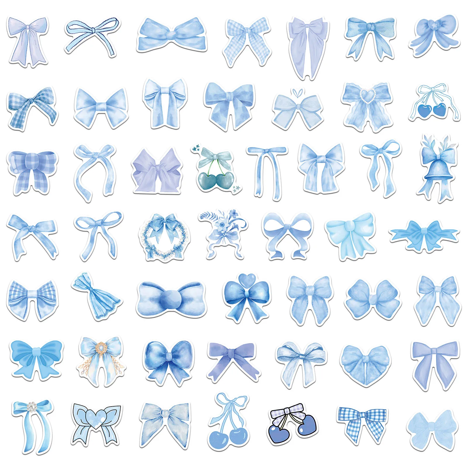 50PCS Blue Cartoon Bow Stickers Exquisite and Cute Handbooks Material Phone Cases Laptop Suitcases Water Cups Waterproof Sticker