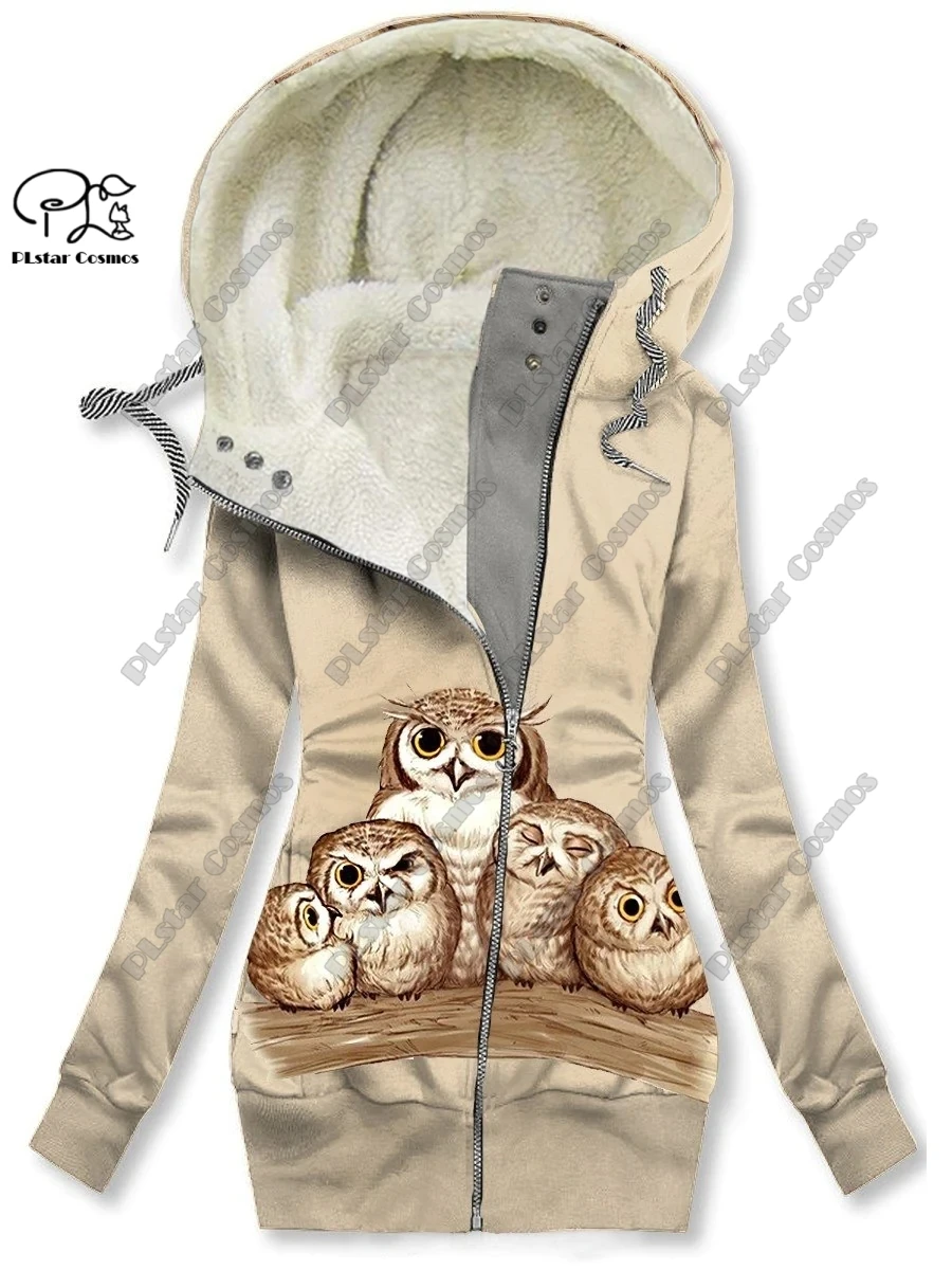 New 3D printed animal series cute owl pattern plus velvet warm women's long zipper hoodie coat commuting casual winter M-4