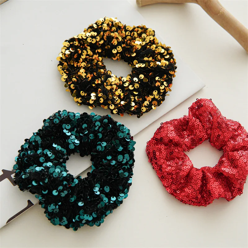 

Christmas European and American Simple Sequined Large Intestine Hair Ring Solid Color Women's All-Match High Elastic Hair Bands