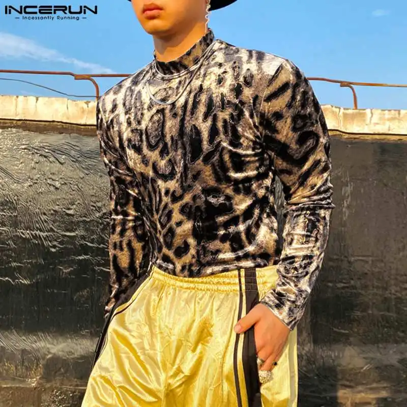 

Fashion Casual Style Tops INCERUN Handsome Men's High Neck Suede T-shirts Male Leopard Printing Long Sleeve Camiseta S-5XL 2023